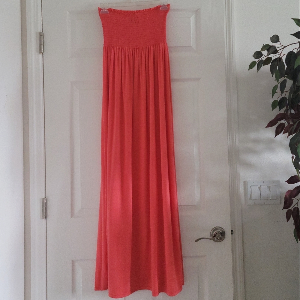 Gorgeous Coral Maxi Dress with ruched tube top